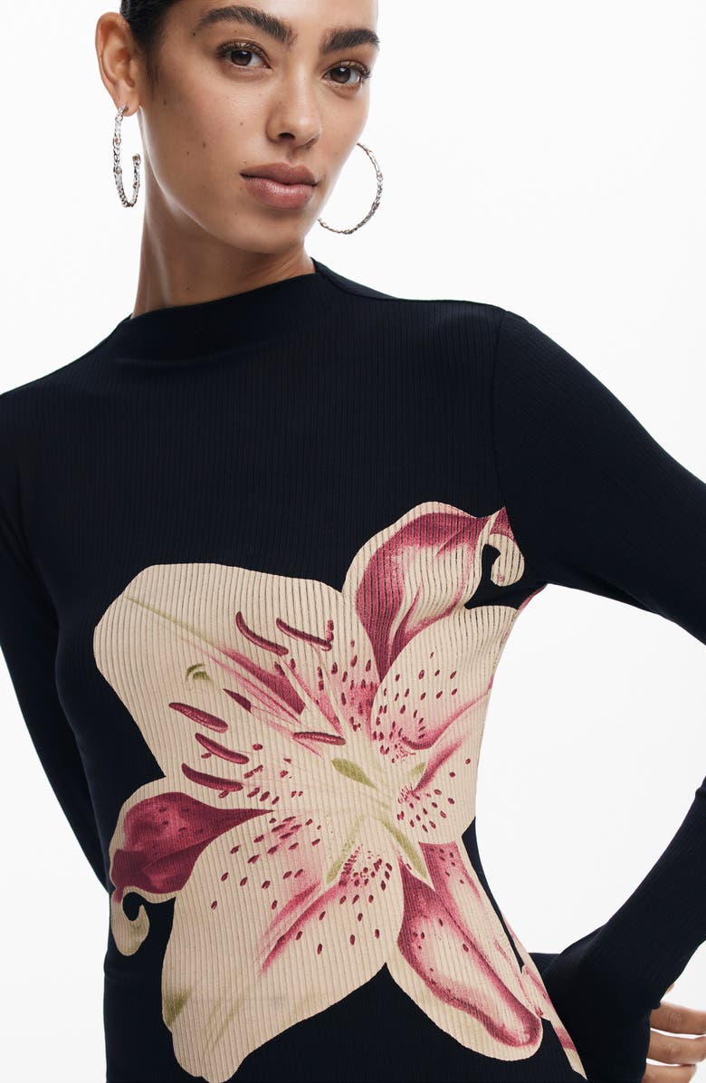 Desigual Lilly Print Long Sleeve Rib Midi Sweater Dress, Alternate, color, 