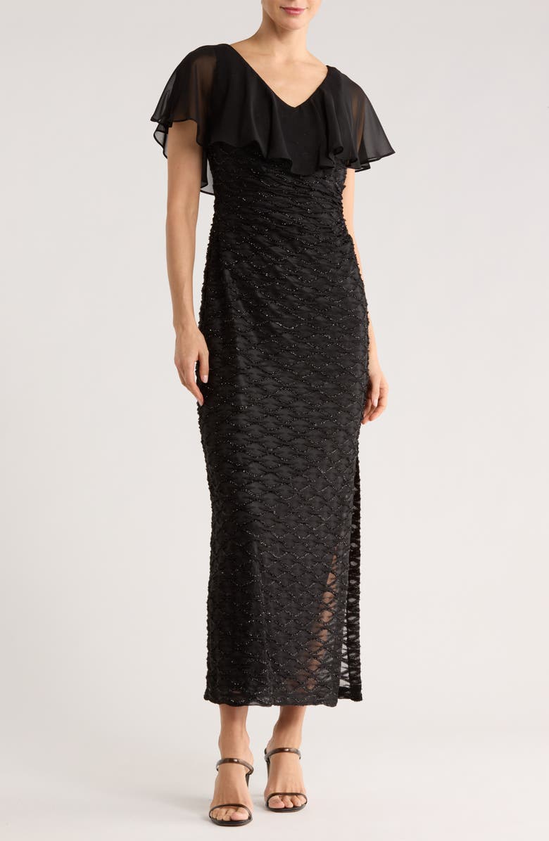 Connected Apparel Beaded Ruffle Neck Gown, Main, color, Black