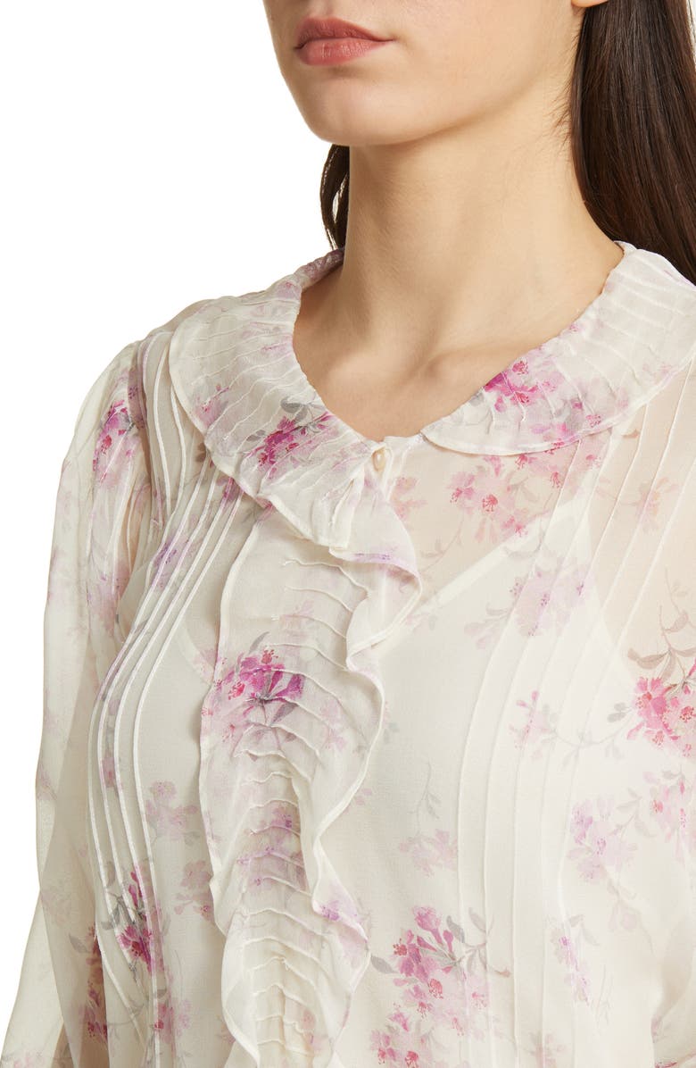 LoveShackFancy Rizzo Floral Print Ruffle Silk Shirt, Alternate, color, 