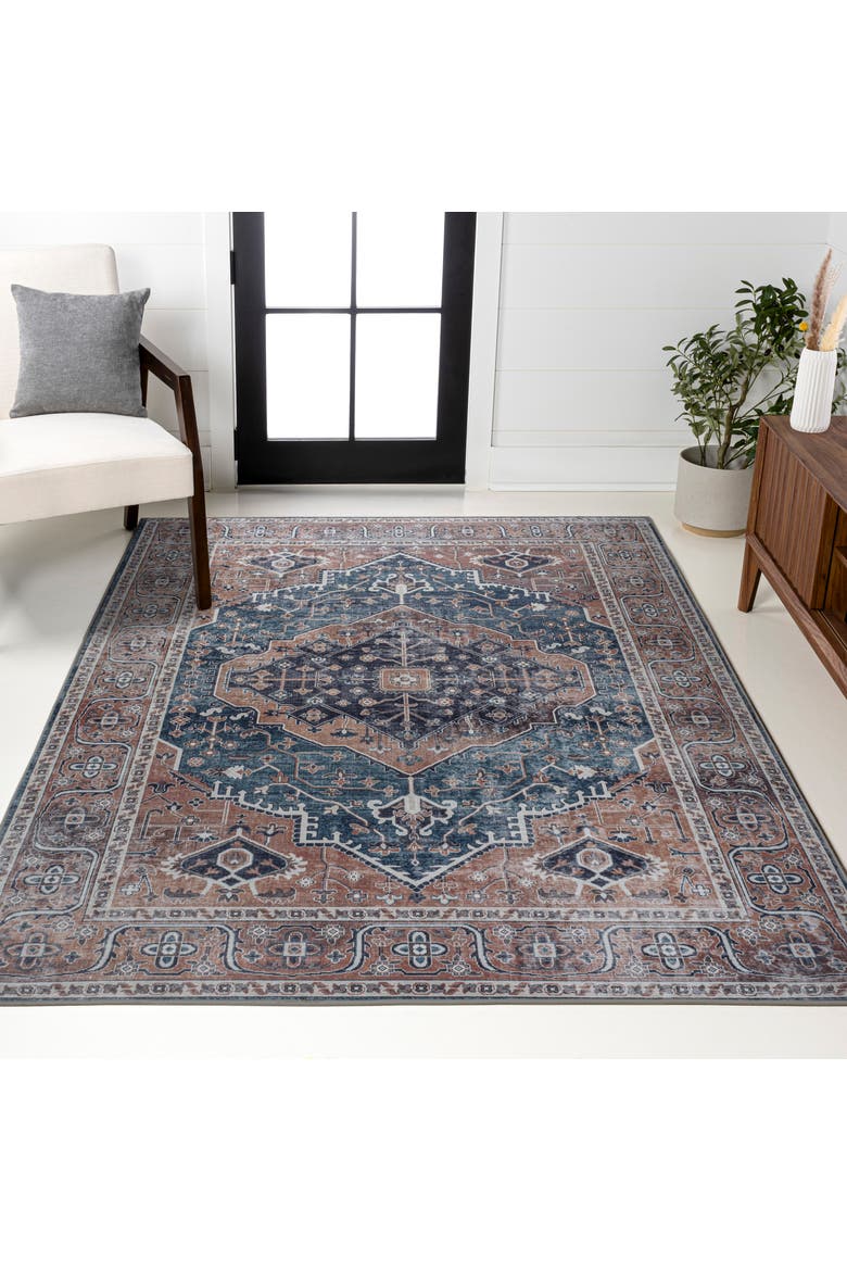 Alacati Ogee Medallion Machine-Washable Area Rug, Alternate, color, Navy/Brown