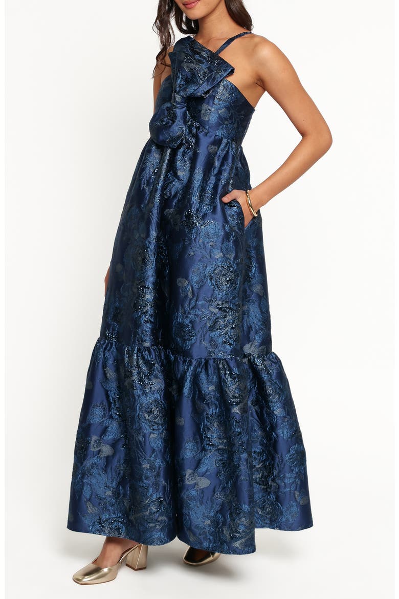 Betina Bow Front Maxi Dress, Alternate, color, BLUE BROCADE