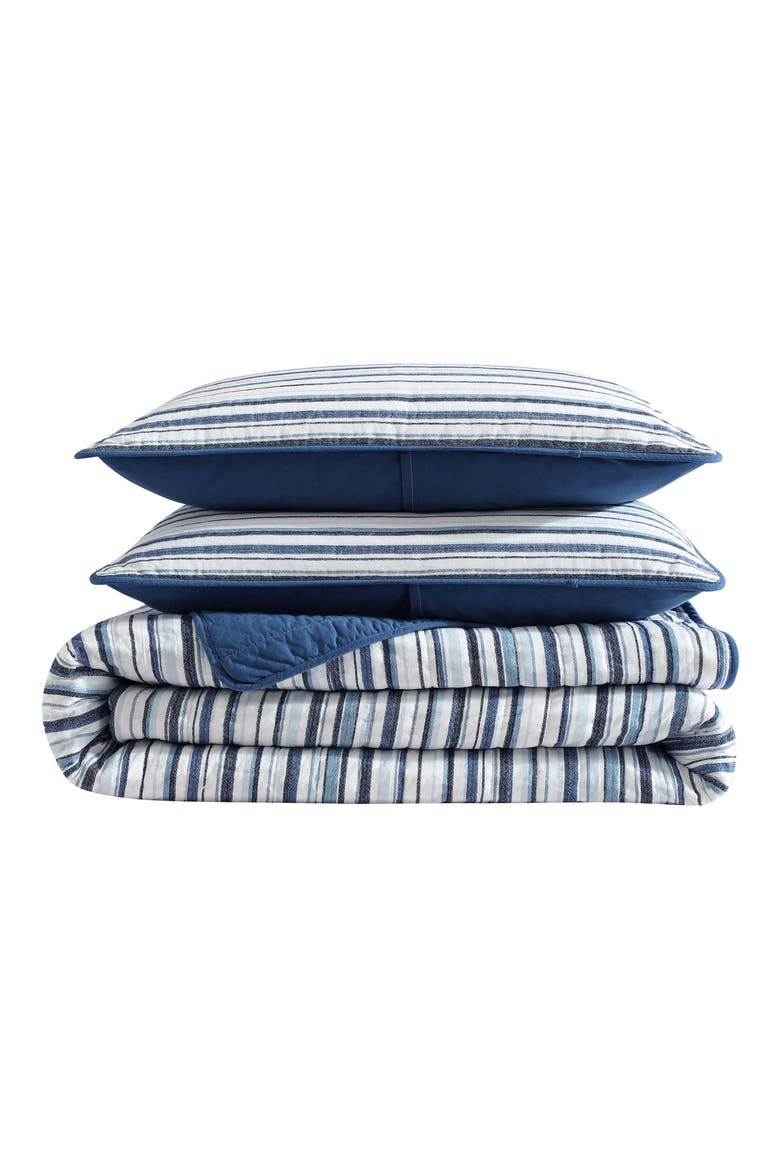 Pembrook Stripe Reversible Cotton Quilt Set, Main, color, DARK BLUE
