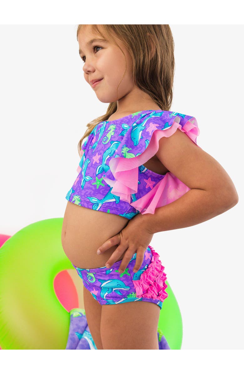 RuffleButts Girls UPF50+ Butterfly Tankini, Alternate, color, Neon Fin Friends