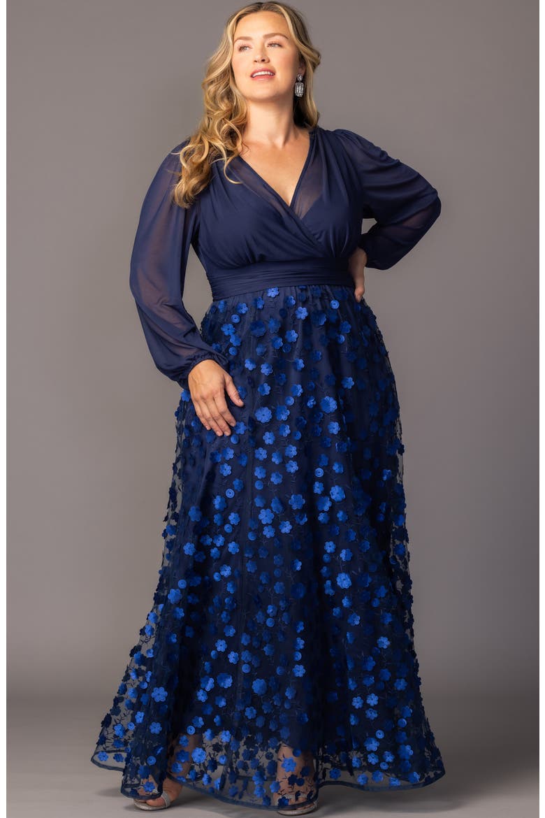 Blossoming Beauty Long Sleeve Mesh Evening Gown, Alternate, color, NAVY BLOSSOMS
