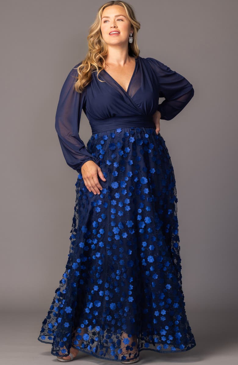 Kiyonna Blossoming Beauty Long Sleeve Mesh Evening Gown, Alternate, color, Navy Blossoms