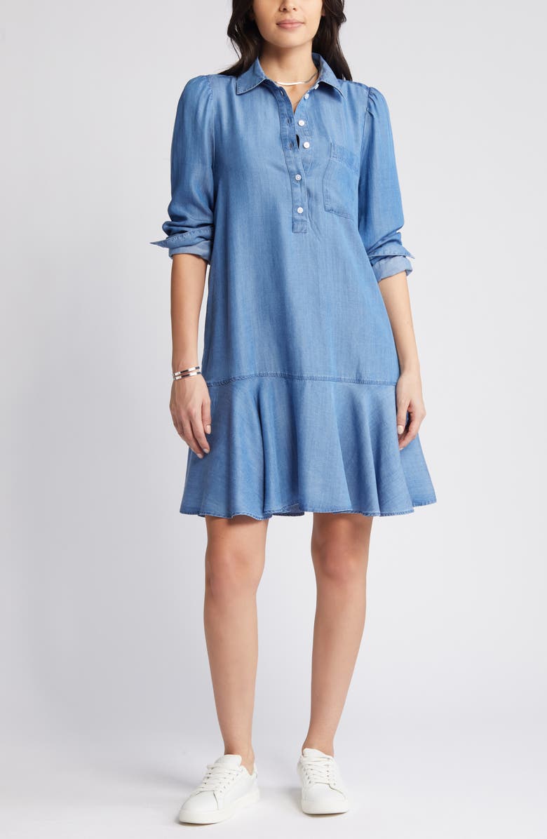 Caslon<sup>®</sup> Flounce Hem Long Sleeve Chambray Shirtdress, Alternate, color, 