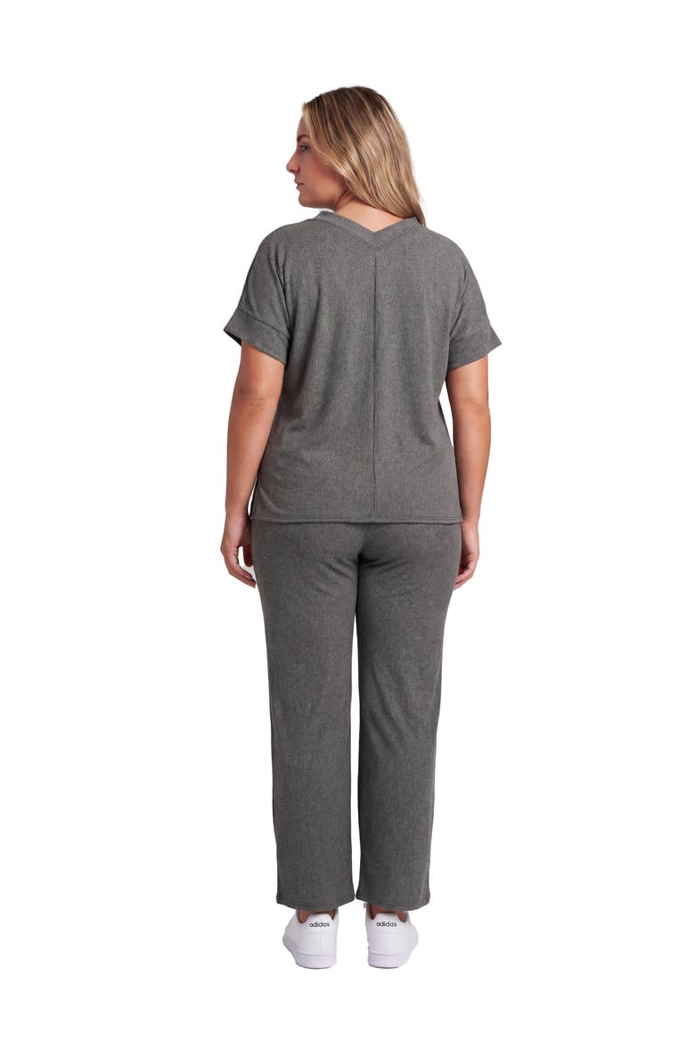 Curvy Basic Ribbed Knit Dolman Sleeve V-Neck Top and Drawstring Wide Leg Pant Set, Alternate, color, Smoke