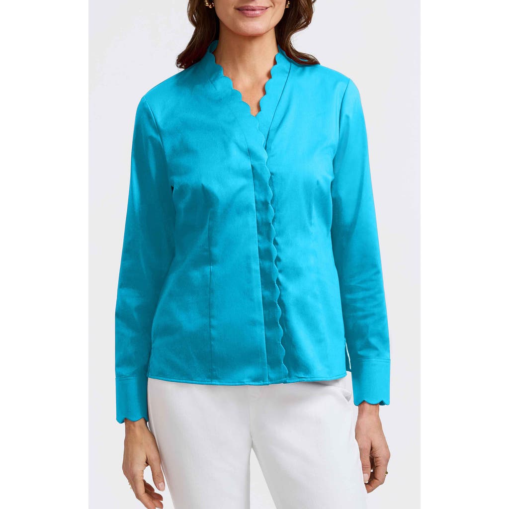 Foxcroft Bridget Scalloped Matte Sateen Button-up Shirt In Ibiza Turq