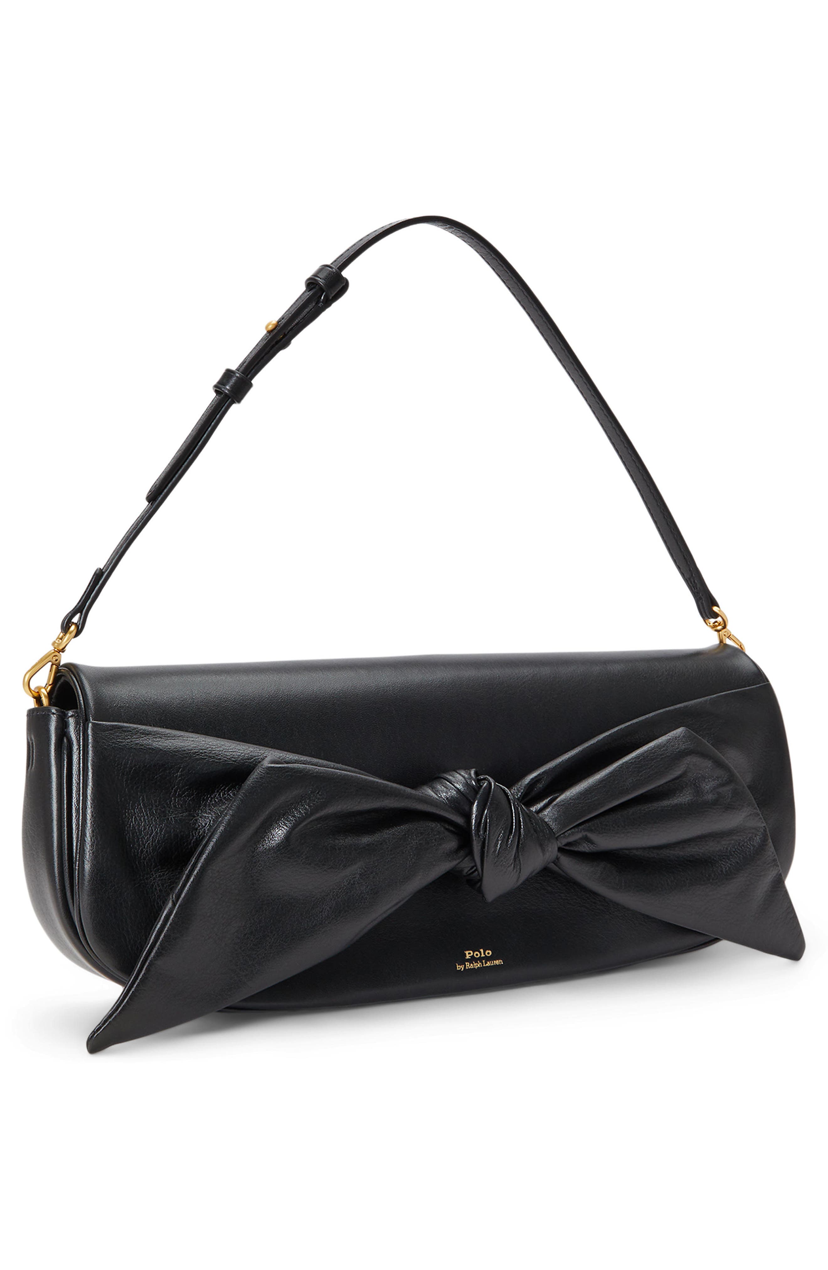 Bow Leather Clutch, Alternate, color, BLACK