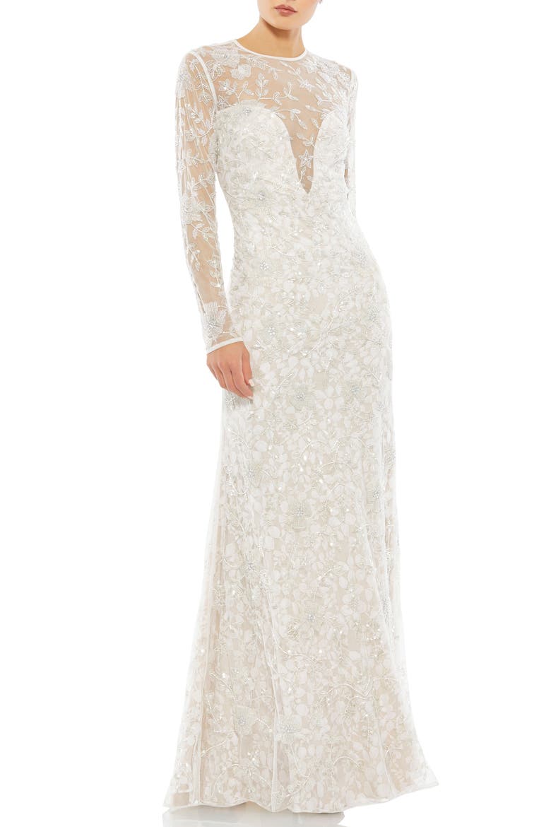 Beaded Lace Overlay Long Sleeve Mesh Sheath Gown, Main, color, WHITE