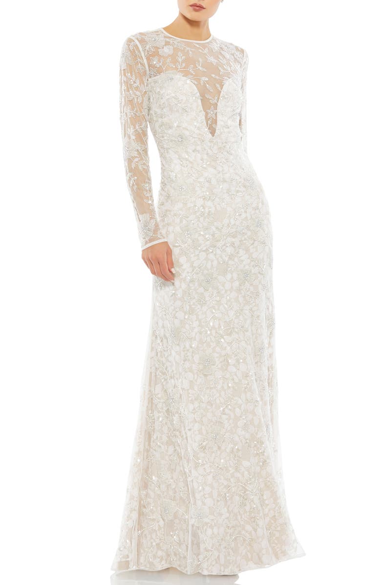 Mac Duggal Beaded Lace Overlay Long Sleeve Mesh Sheath Gown, Main, color, 