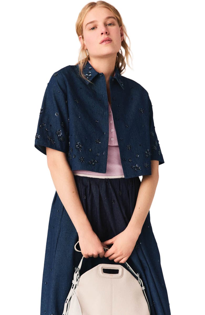 maje Embroidered cropped denim shirt, Main, color, Navy