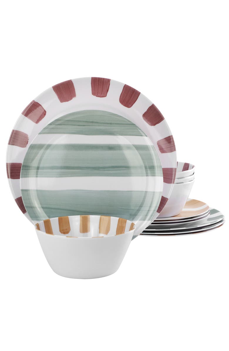 Gibson Home Cottage Stripes 12 Piece Melamine Dinnerware Set, Main, color, White