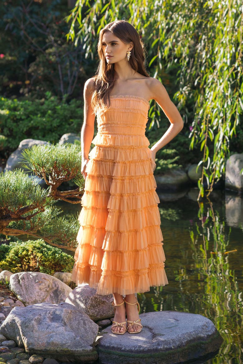 Solid Mesh Micro Ruffle Strapless Midi Dress, Alternate, color, Sherbet