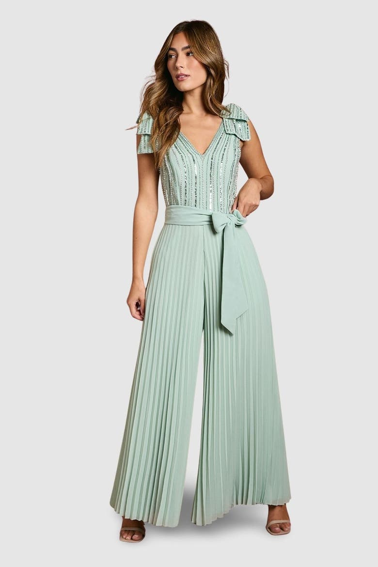 Embellished Bow Shoulder Jumpsuit, Main, color, Sage