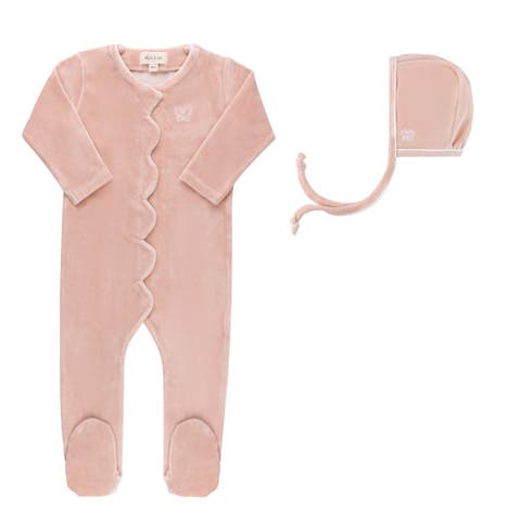 Velour Stitching Ivory & Pink Footie & Bonnet Velour Stitching Ivory & Pink Footie & Bonnet