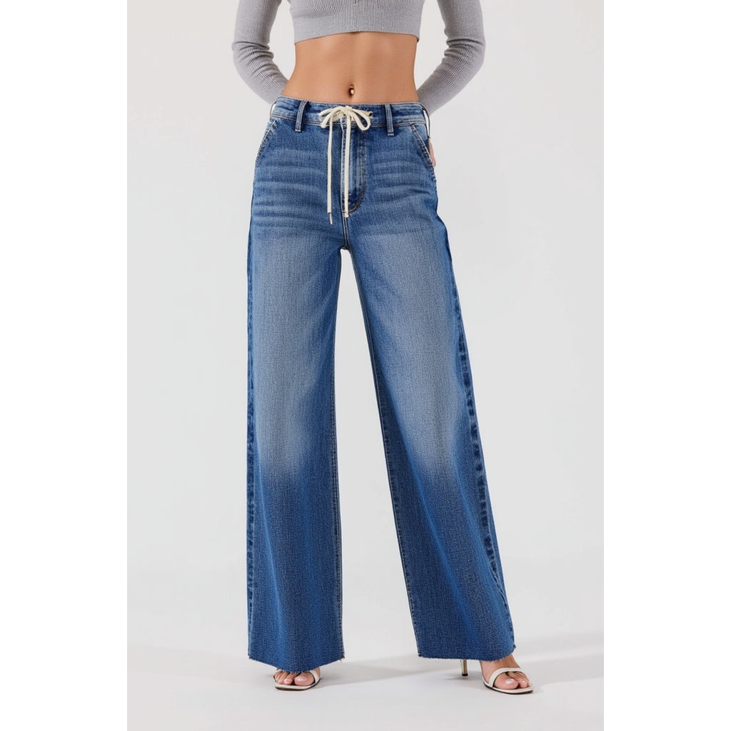 Modenaire High Waist Wide Leg Jeans With Statement Cuffs In Light Wash
