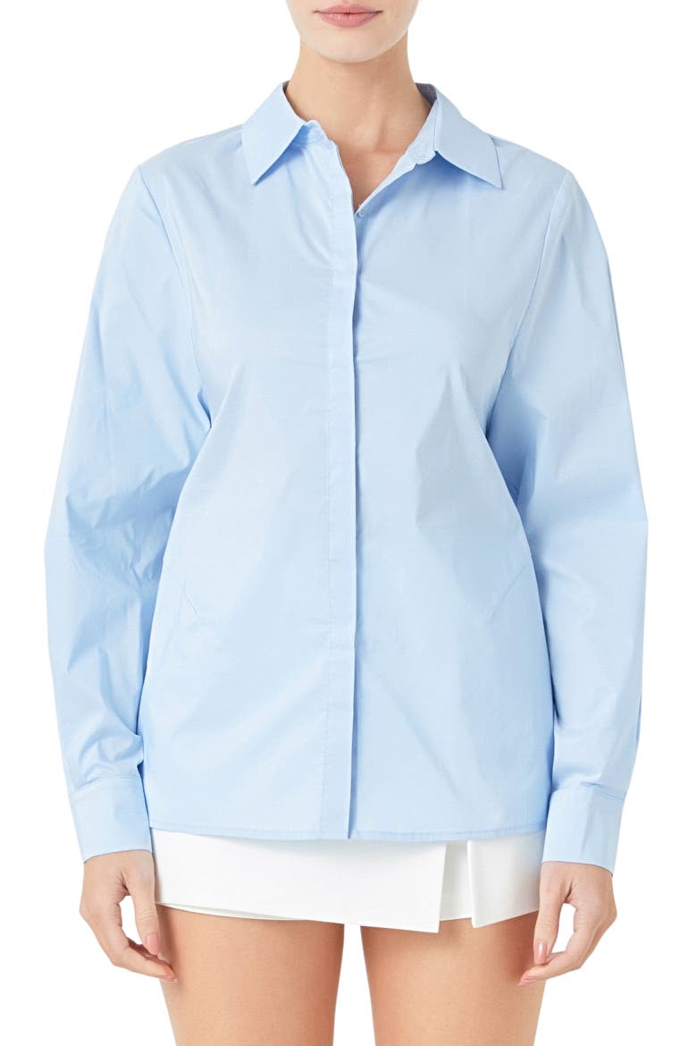 Elastic Back Detail Cotton Blend Button-Up Shirt, Main, color, POWDER BLUE