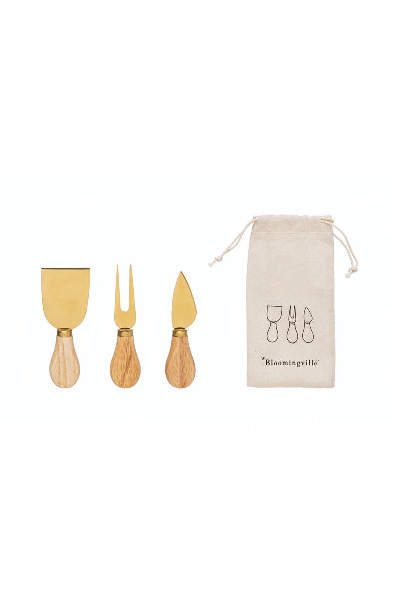 Storied Home Stainless Steel Cheese Utensils with Oak Wood Handles Set of 3 in Printed Drawstring Bag, Main, color, Natural