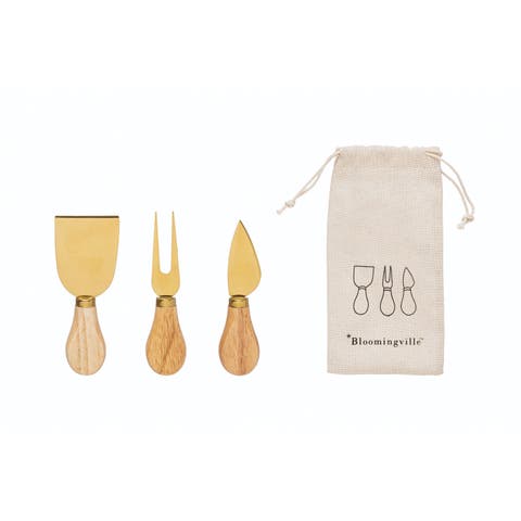Stainless Steel Cheese Utensils with Oak Wood Handles Set of 3 in Printed Drawstring Bag