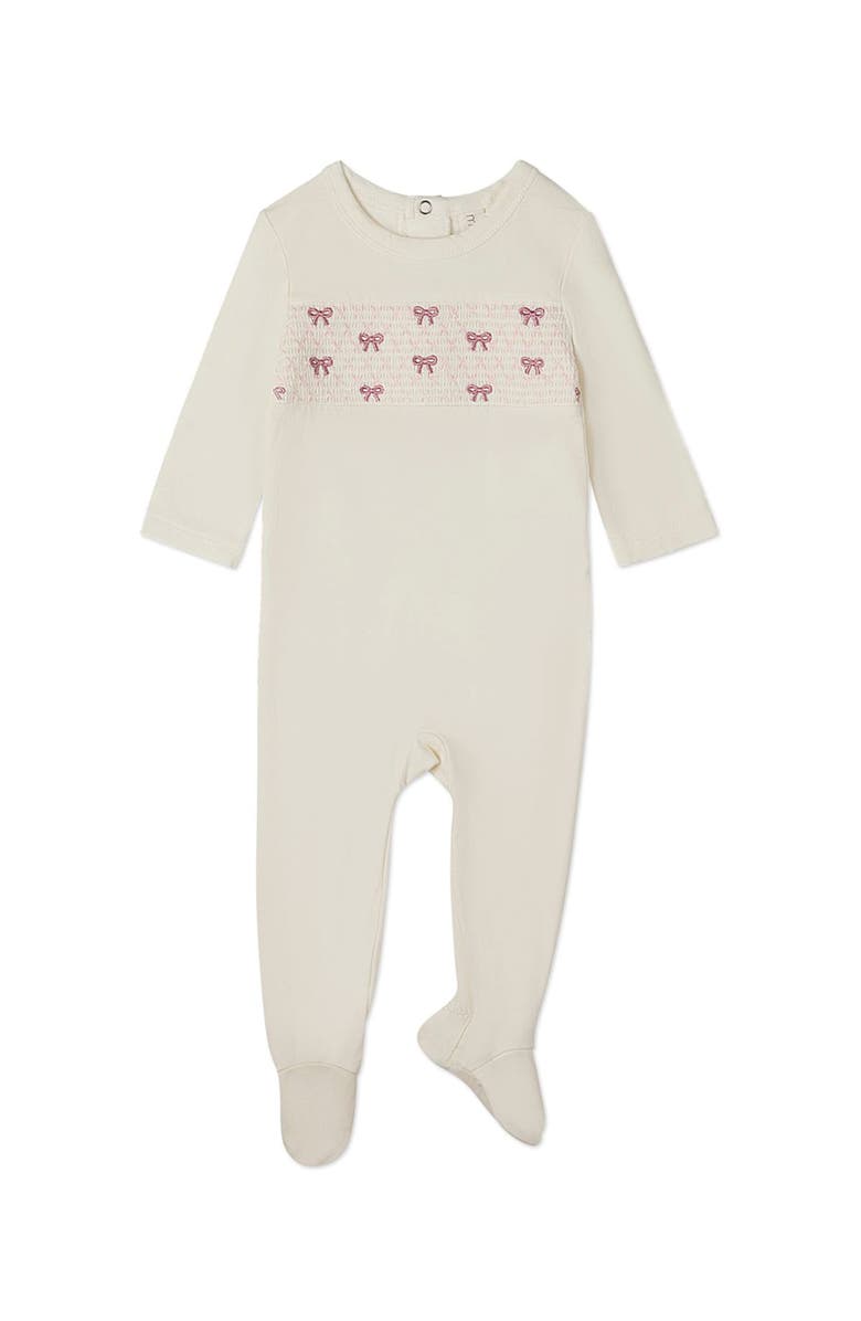 MiniMoi Baby and Toddler Girls Pretty Smocked and Bow-Trimmed Footie, Main, color, Winter White