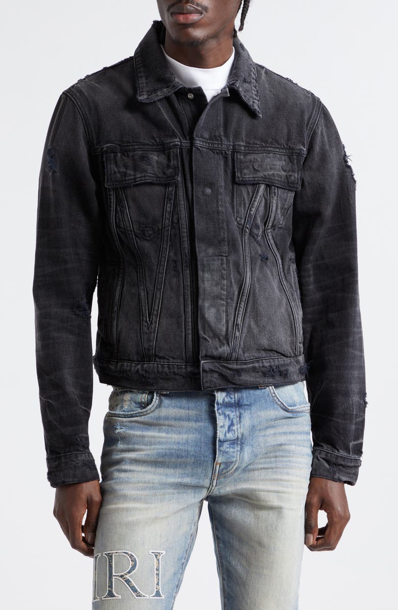 AMIRI MA Distressed Denim Trucker Jacket, Main, color, Faded Black