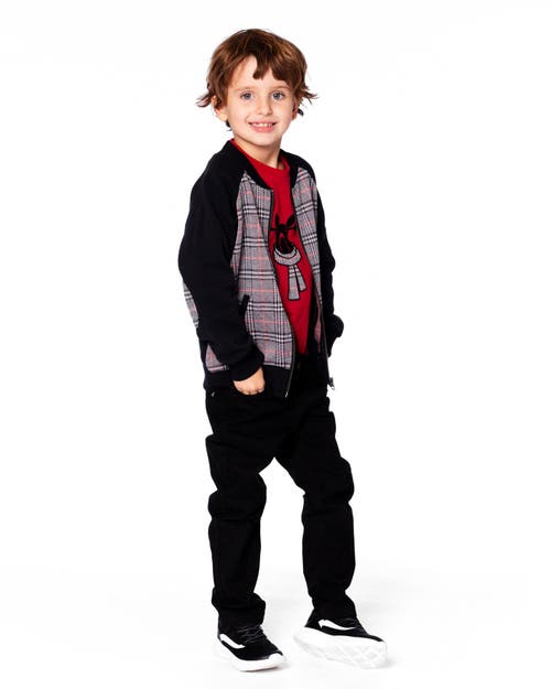 Deux Par Deux Bi-material Zip Front Jacket Plaid In Brown