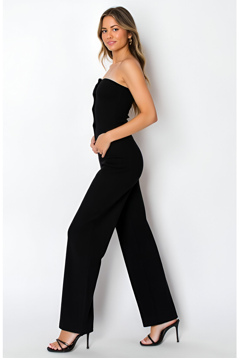 Strapless Button-Front Top and Wide-Leg Pants Set with Sleek Silhouette, Alternate, color, Black