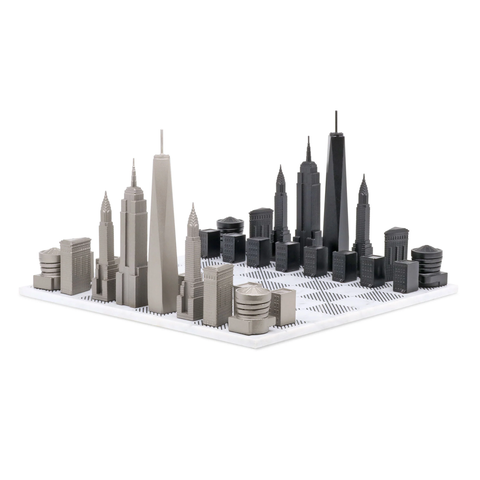 Chess Set Stainless Steel New York Edition with Marble Hatch Board