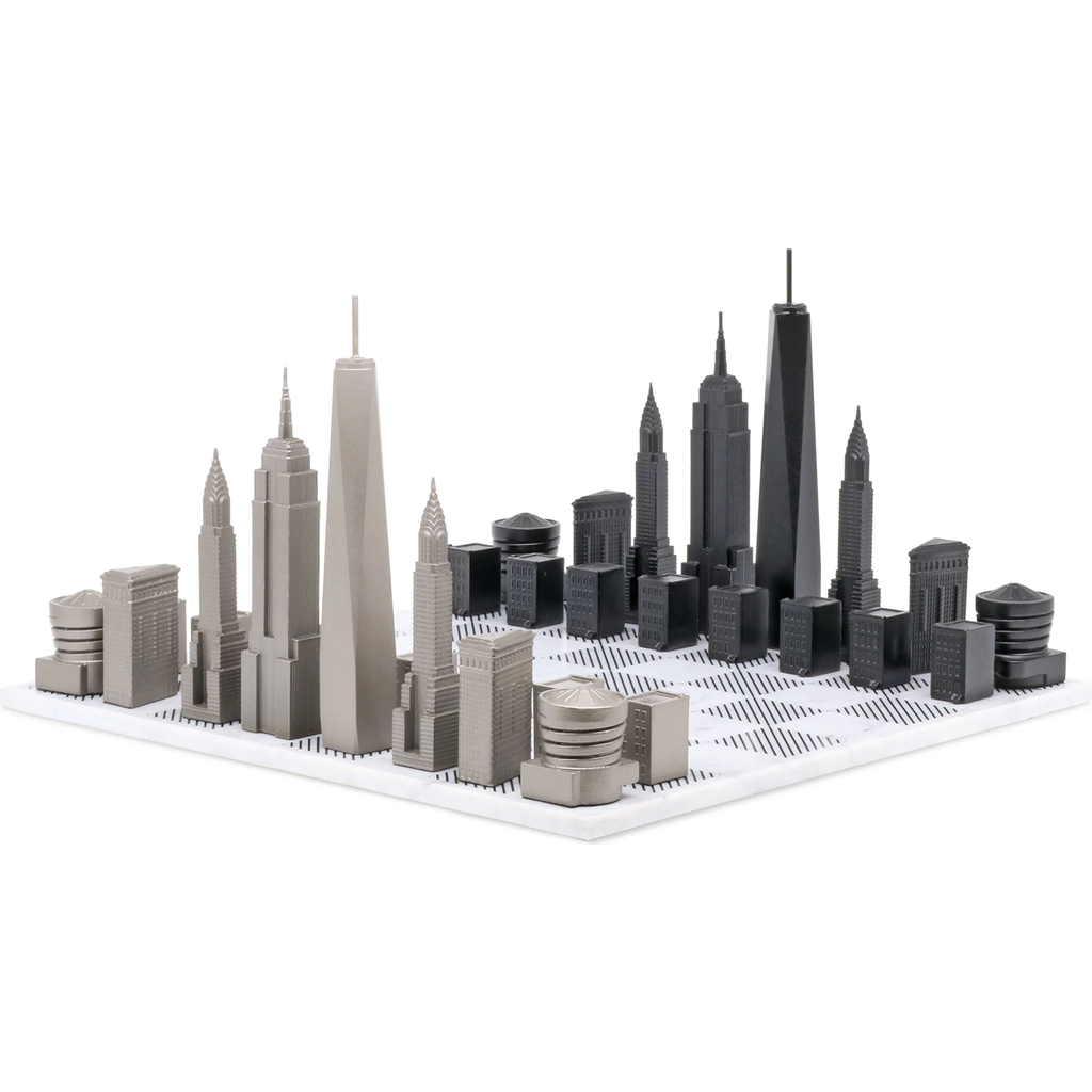 SKYLINE CHESS Chess Set Stainless Steel New York Edition with Marble Hatch Board in White  product