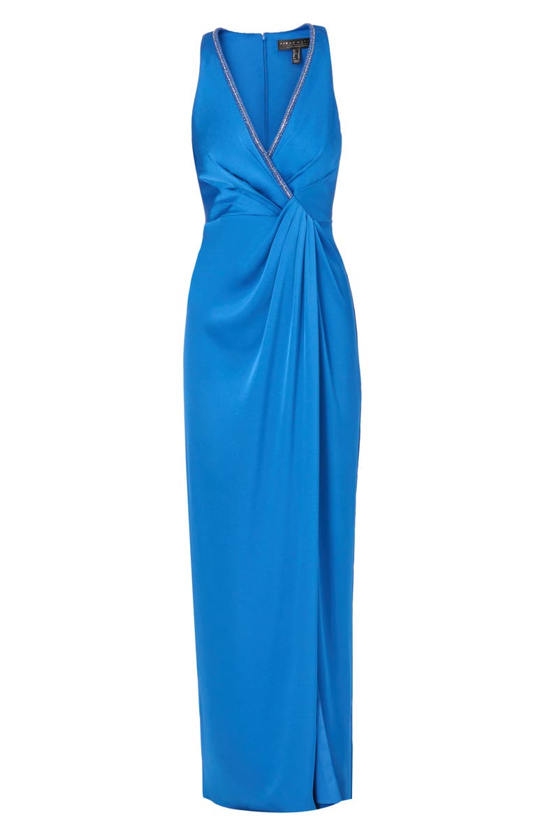 Aidan Mattox by Adrianna Papell Beaded Trim Draped Satin Gown, Alternate, color, Blue Horizon