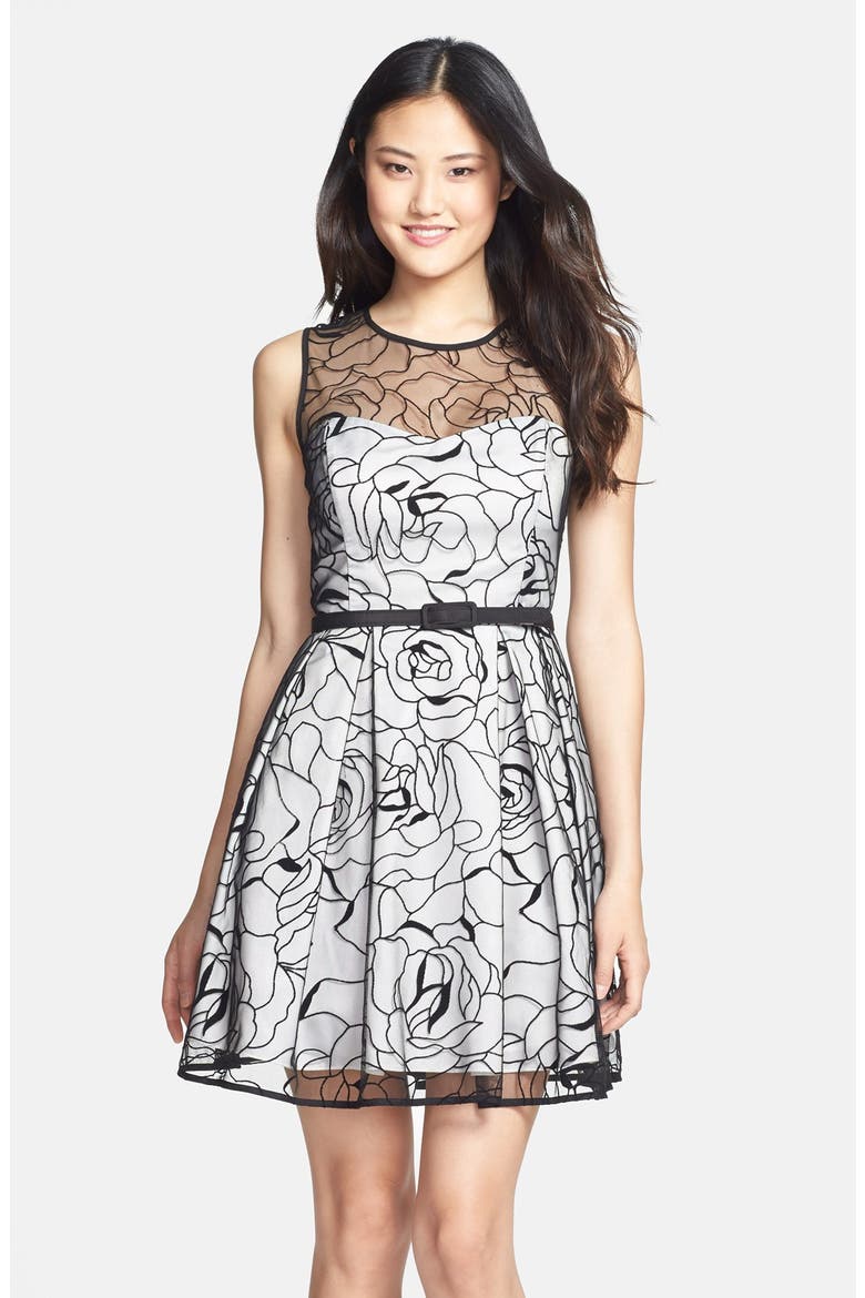 Floral Embroidered Mesh Overlay Fit & Flare Dress, Main, color, GREY