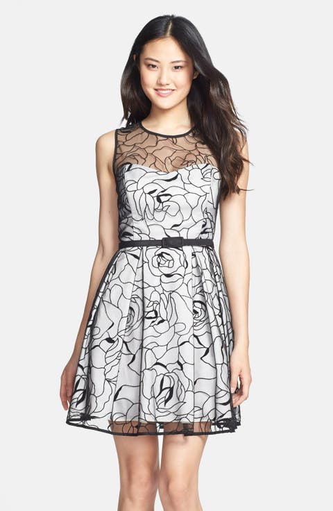 Floral Embroidered Mesh Overlay Fit & Flare Dress