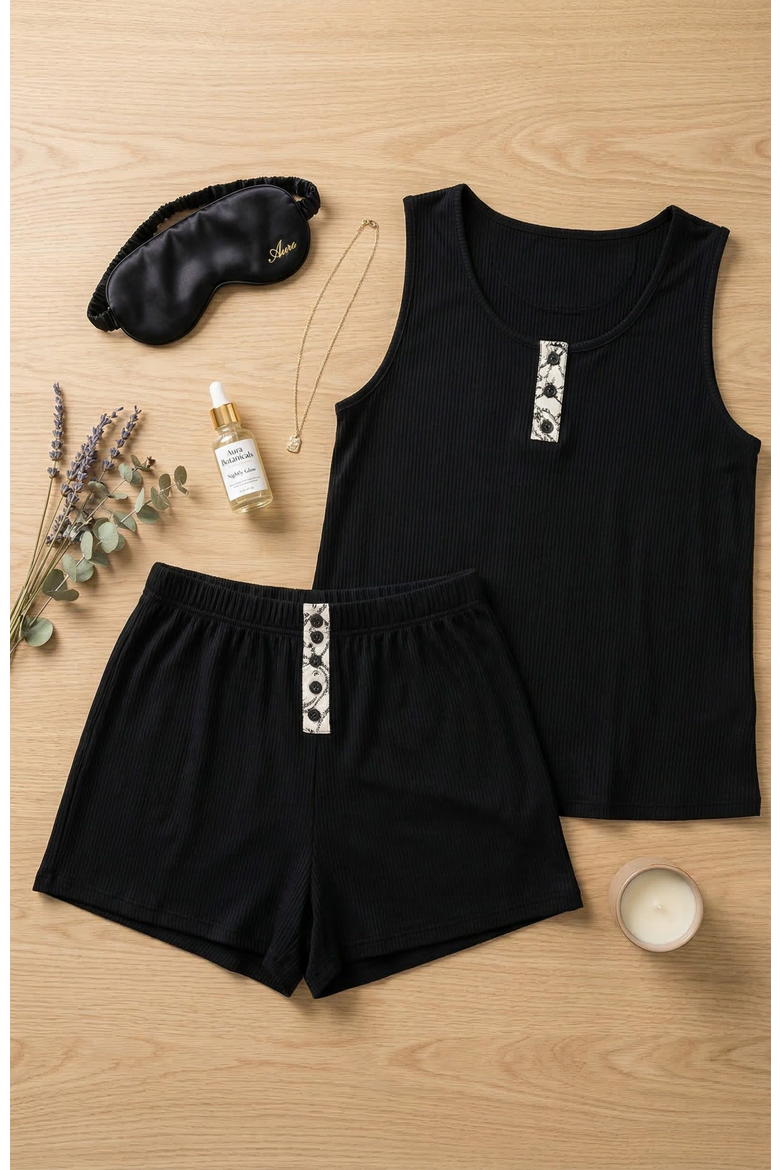 Yummy Jersey Rib Henley Top & Short Set, Alternate, color, Black