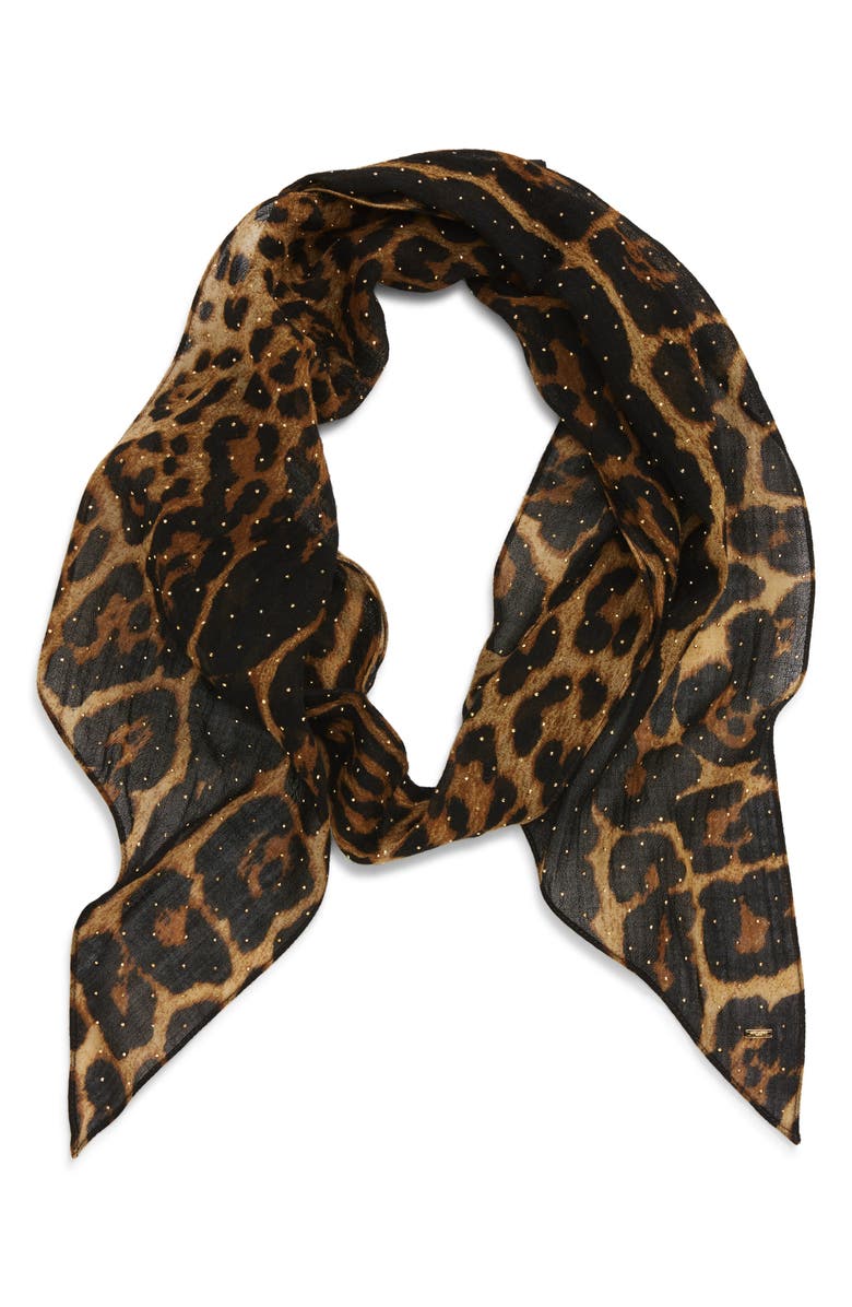 Saint Laurent Lavarille Studded Leopard Print Wool Scarf, Alternate, color, 