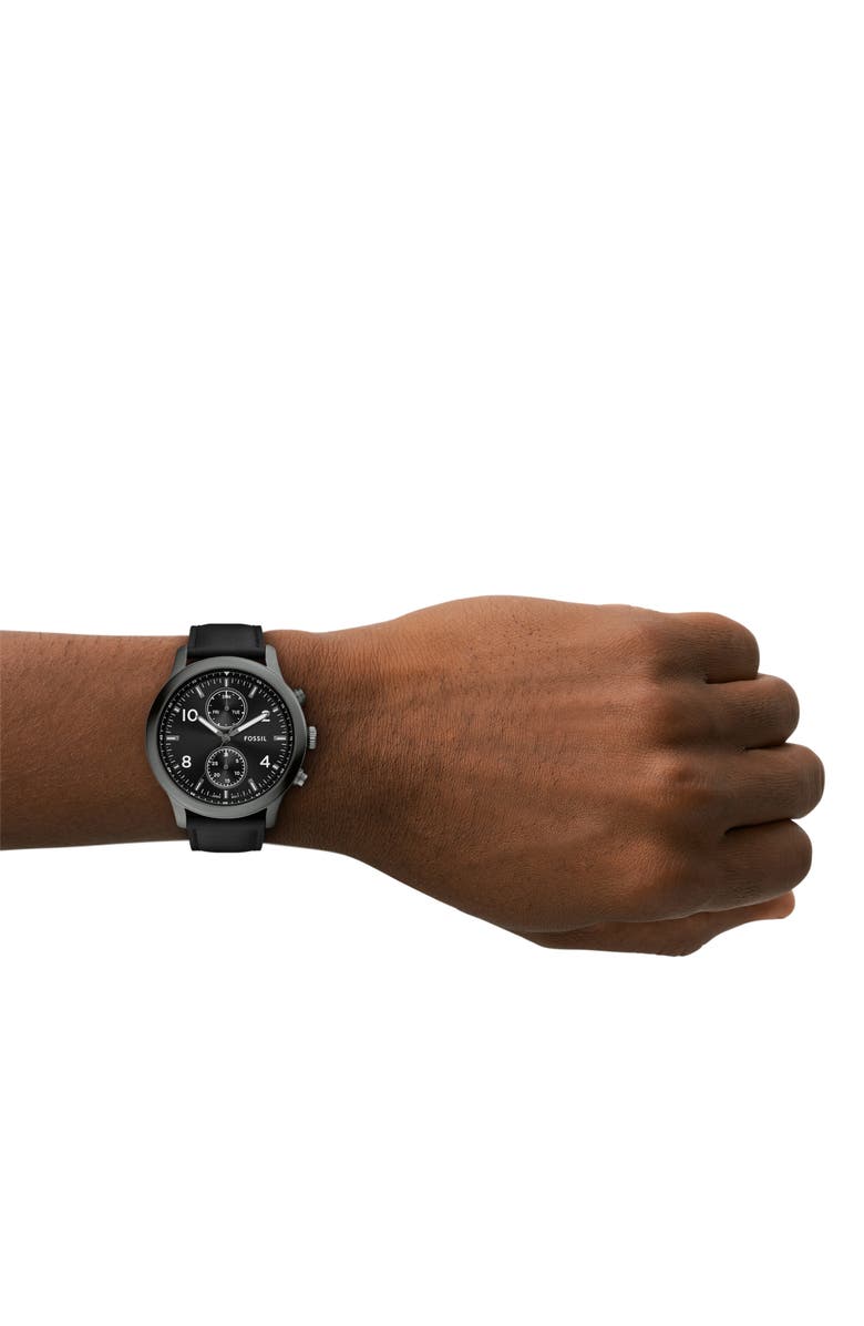 Fossil Bennett Chronograph Leather Strap Watch, 45mm, Alternate, color, Black