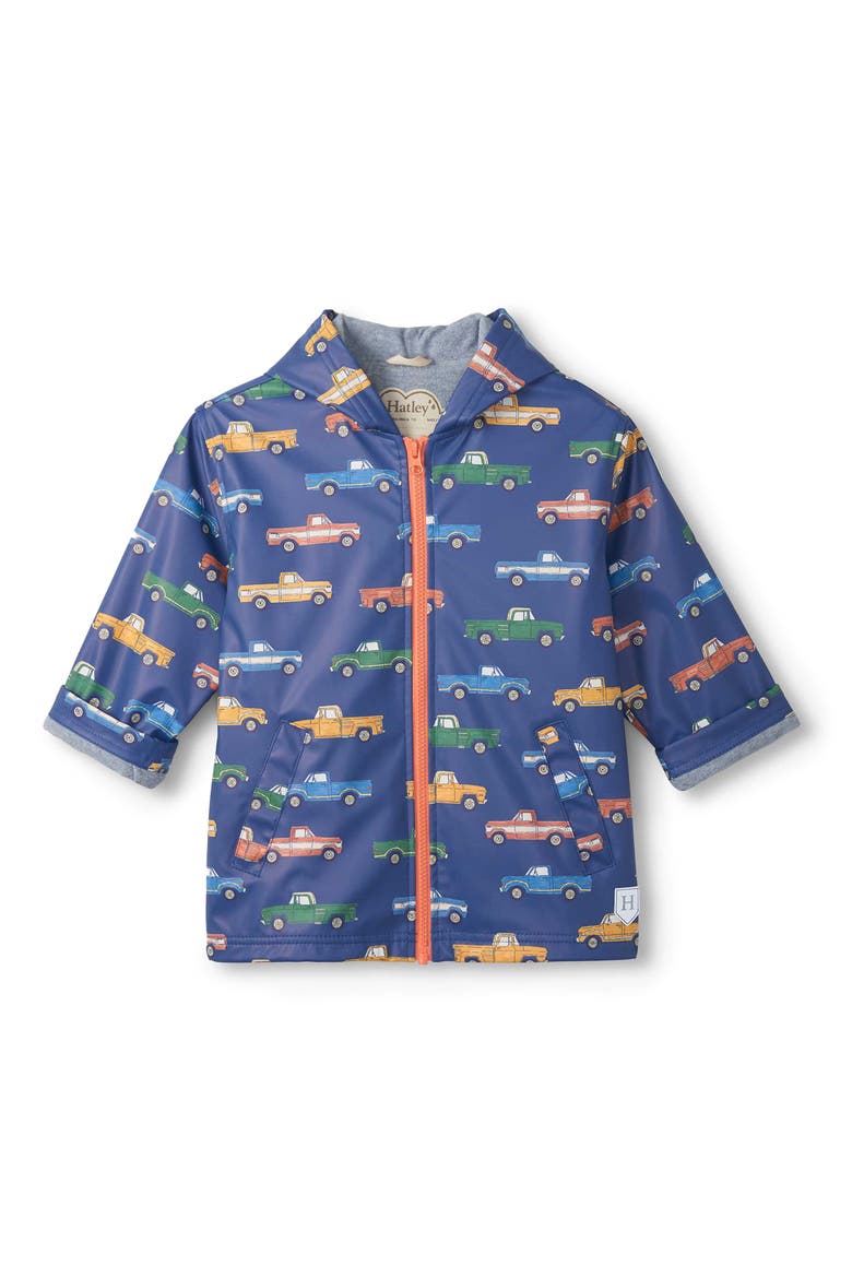 Kids' Trucks Hooded Raincoat, Main, color, BLUE