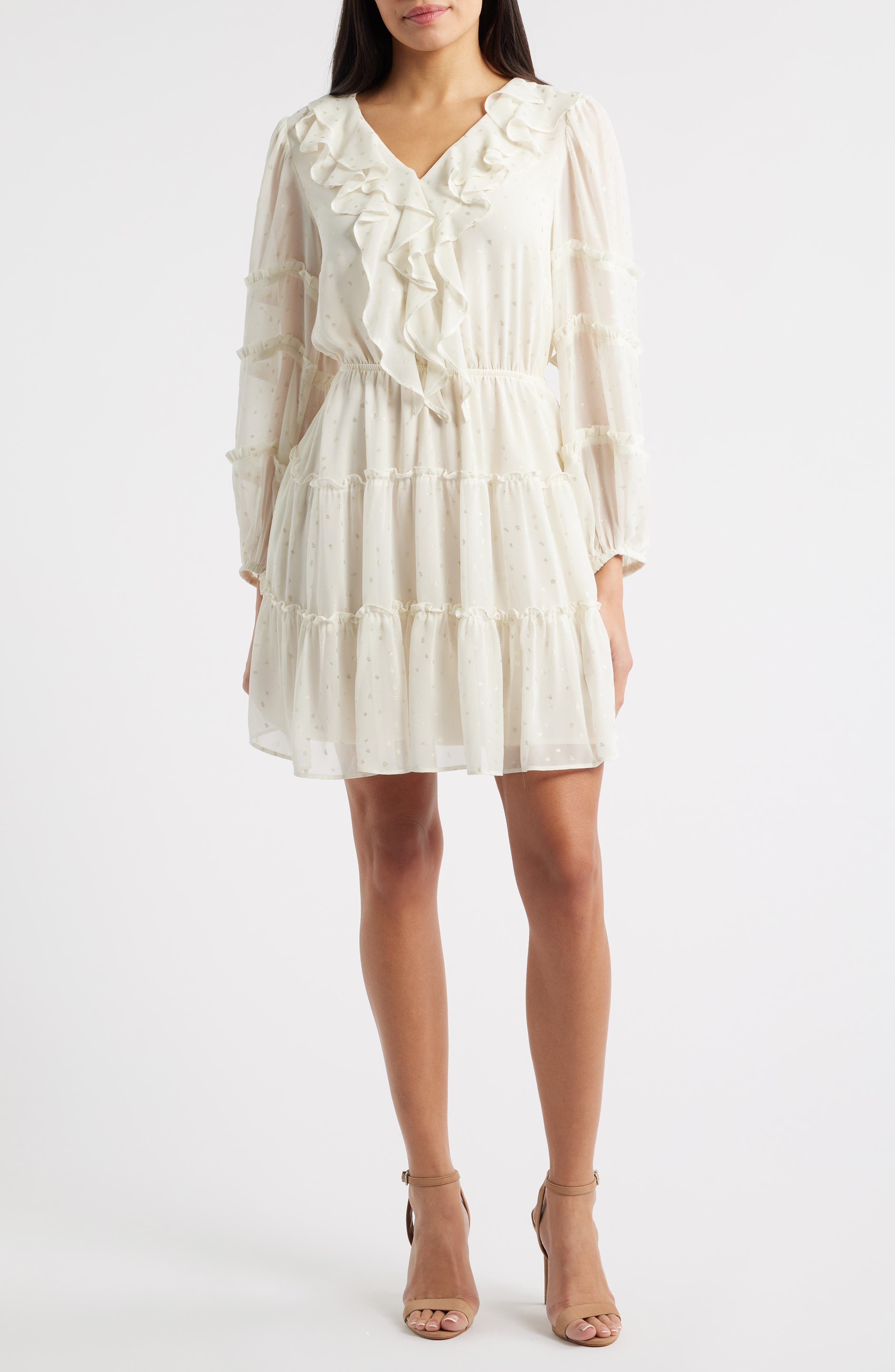 Metallic Dot Long Sleeve Ruffle Dress