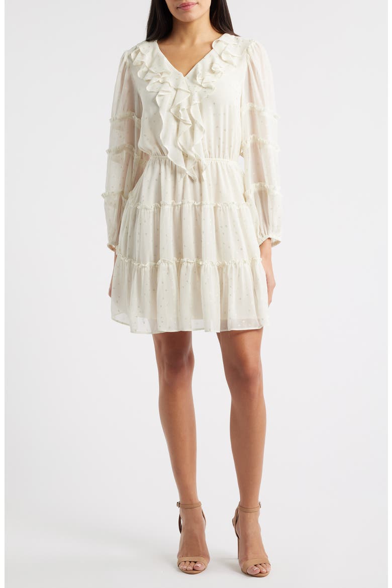 Metallic Dot Long Sleeve Ruffle Dress, Main, color, NEW IVORY