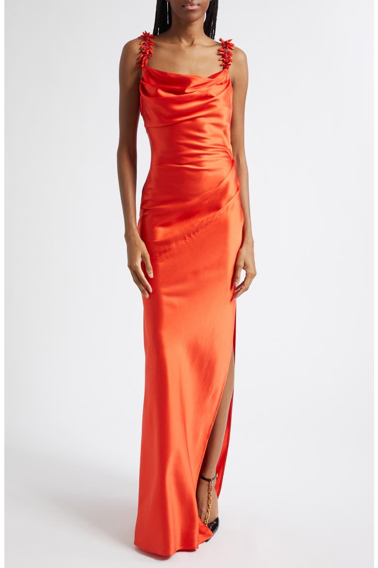 Beaded Strap Fluid Silk Column Gown, Main, color, MHJ RED/ RED