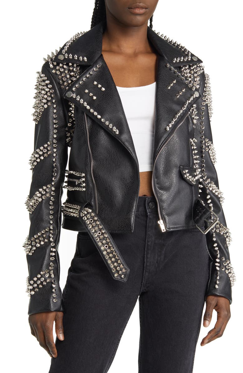 AZALEA WANG Spike Belted Faux Leather Moto Jacket, Main, color, Black