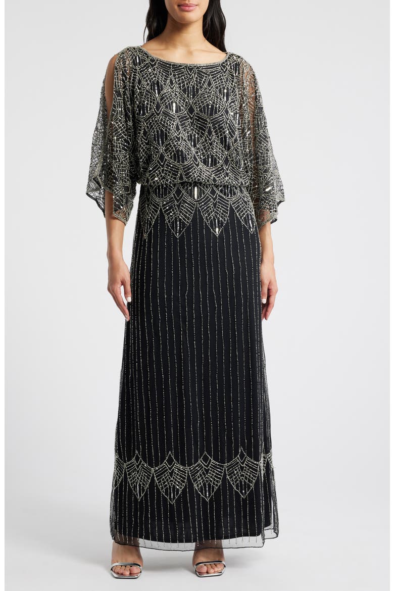 Beaded Cold Shoulder Blouson Cocktail Dress, Main, color, BLACK/ SILVER
