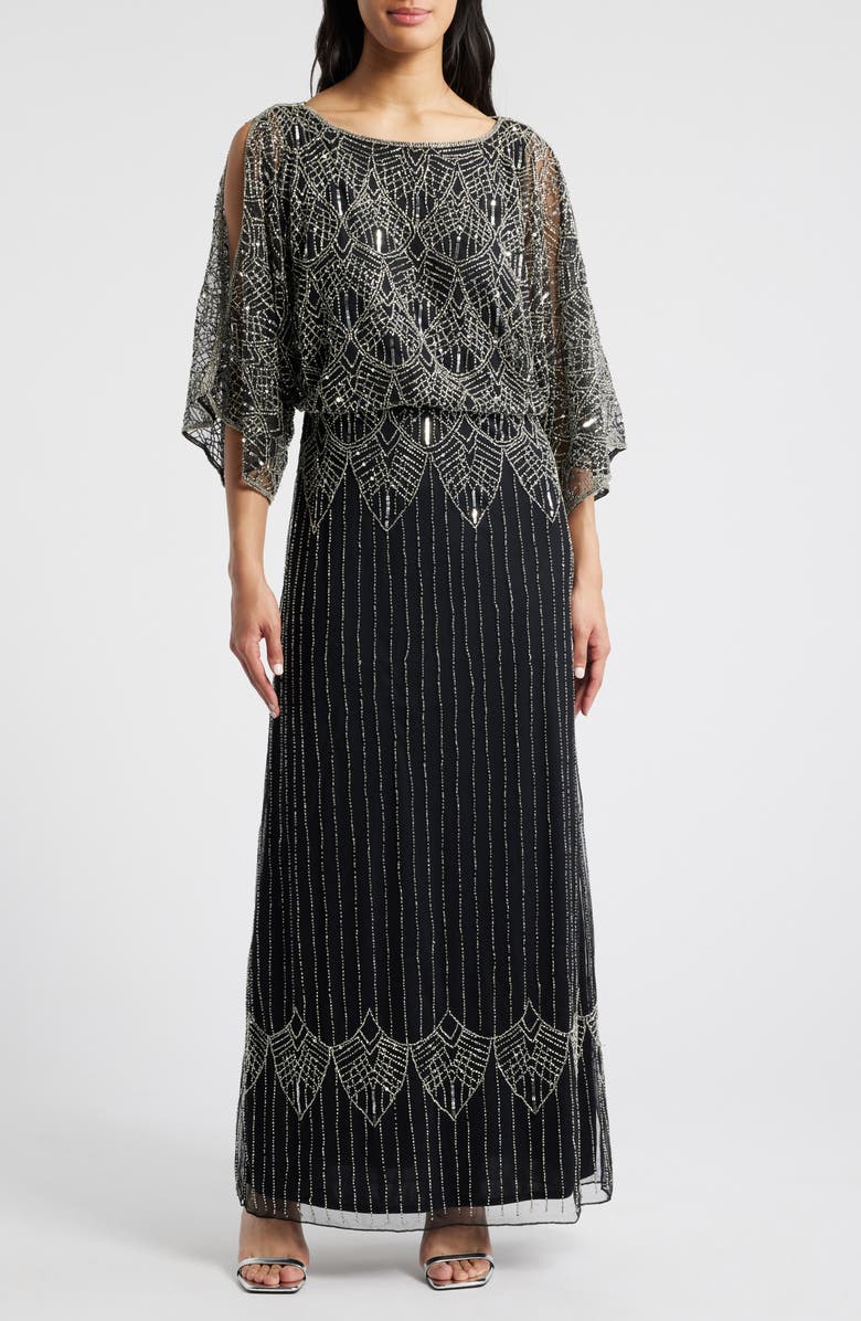 Pisarro Nights Beaded Cold Shoulder Blouson Cocktail Dress, Main, color, Black/ Silver