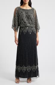 Pisarro Nights Beaded Cold Shoulder Blouson Cocktail Dress