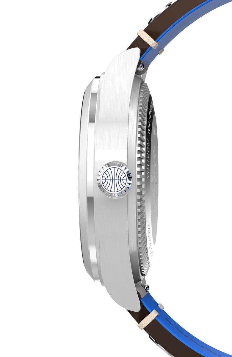 Timex<sup>®</sup> x Pan Am<sup>®</sup> Waterbury GMT Leather Strap Watch, 39mm, Alternate, color, Blue