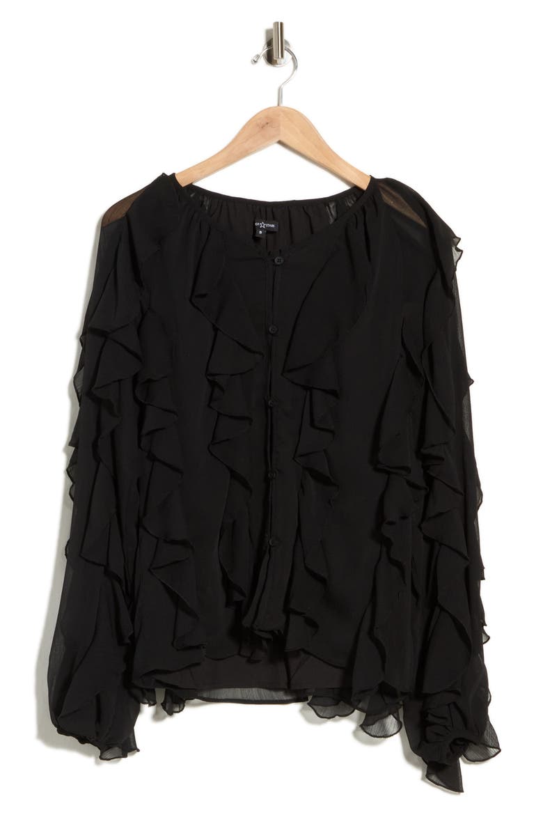 Flyn Ruffle Button-Up Shirt, Alternate, color, BLACK