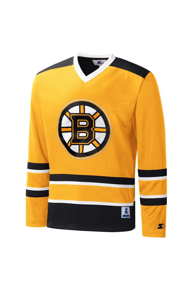 Men's Starter Gold/Black Boston Bruins Cross Check Jersey V-Neck Long Sleeve T-Shirt, Alternate, color, Gold