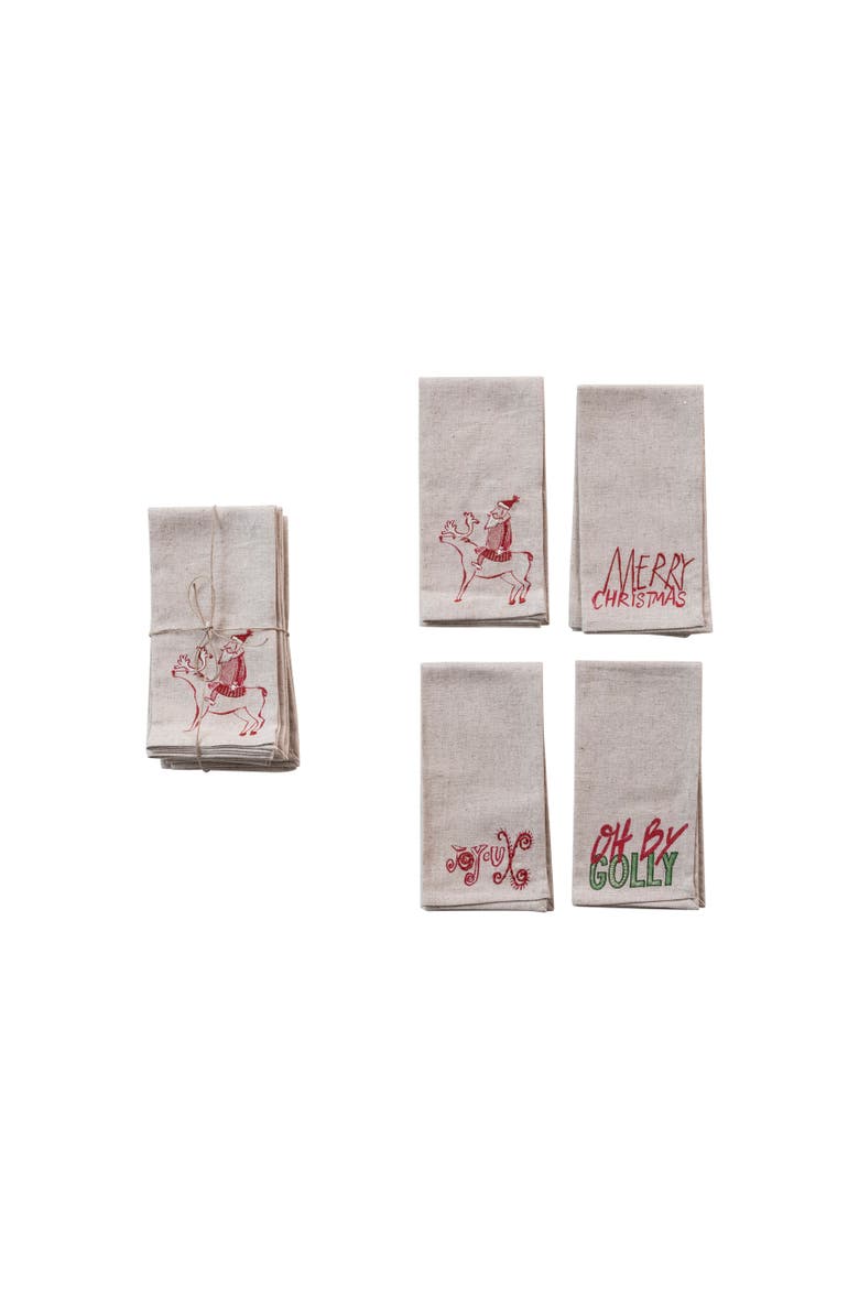 Cotton Christmas Napkins with Embroidered Sayings, Multicolor, Set of 4, Main, color, Multicolor