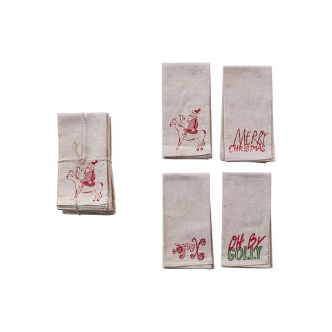 Cotton Christmas Napkins with Embroidered Sayings, Multicolor, Set of 4