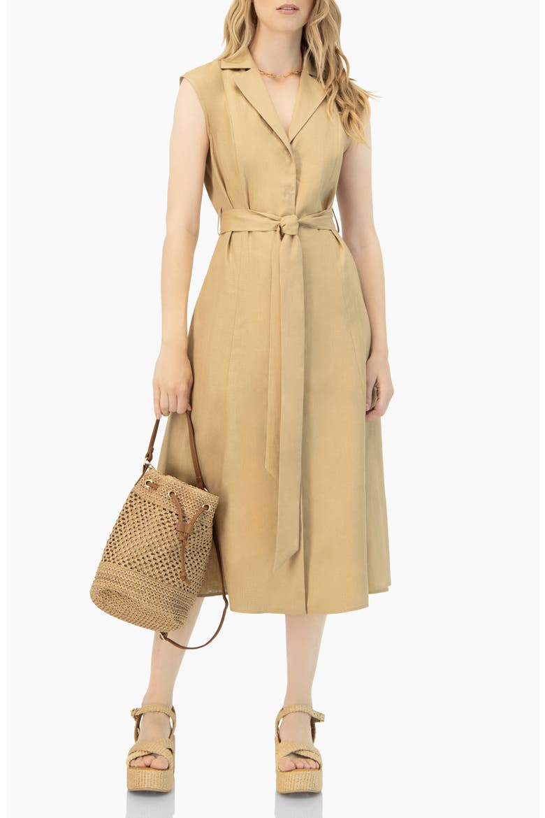 Long Linen Dress with Waist Tie, Main, color, Beige